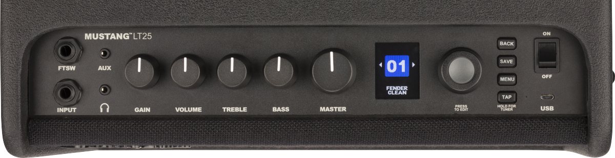 Fender Mustang LT25 25W guitar combo amplifier with 8-inch speaker and built-in effects, ideal for practice and beginners.