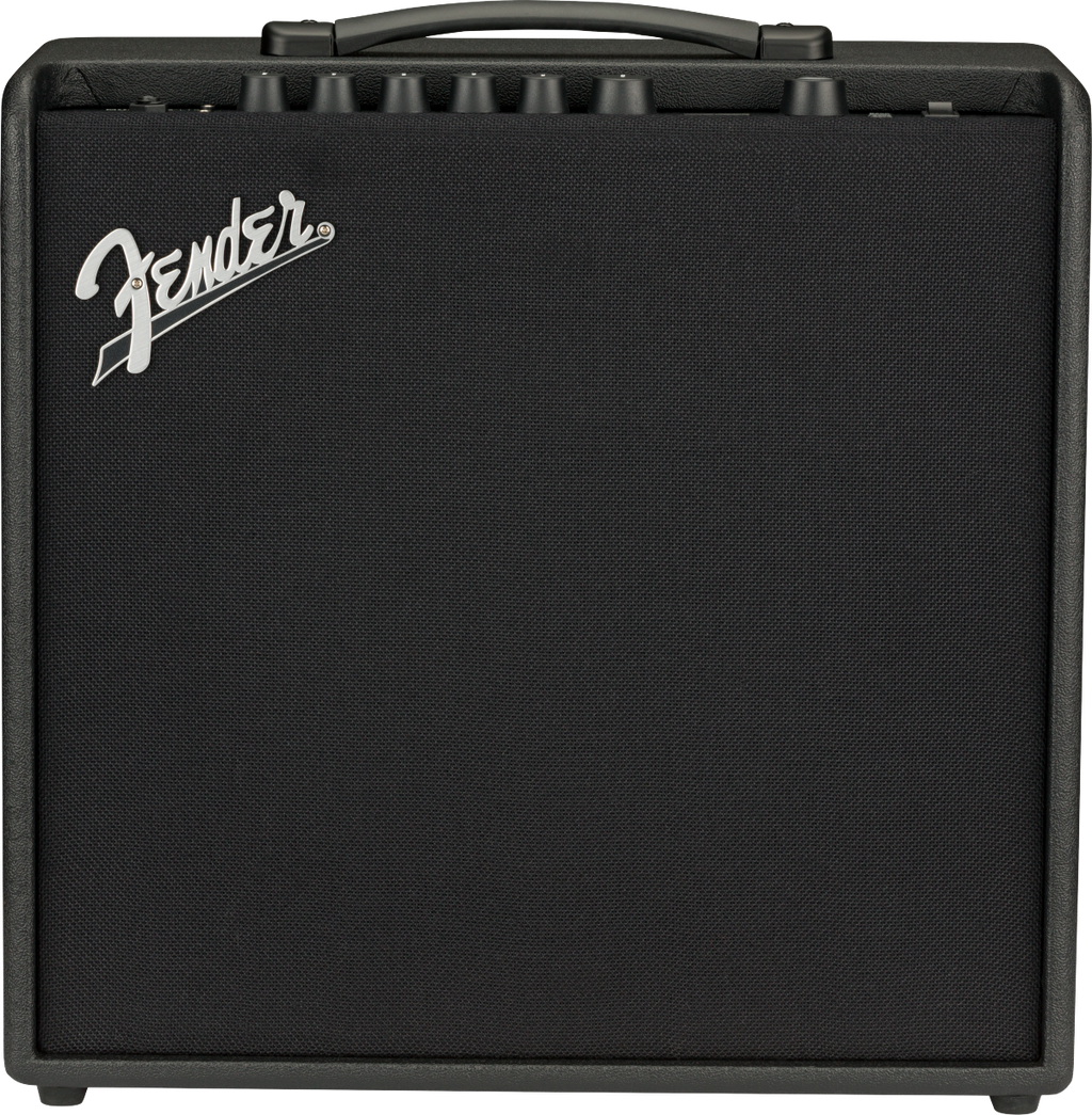 Fender Mustang LT50 50W modeling guitar amplifier with a 12-inch speaker, featuring control knobs and digital display.