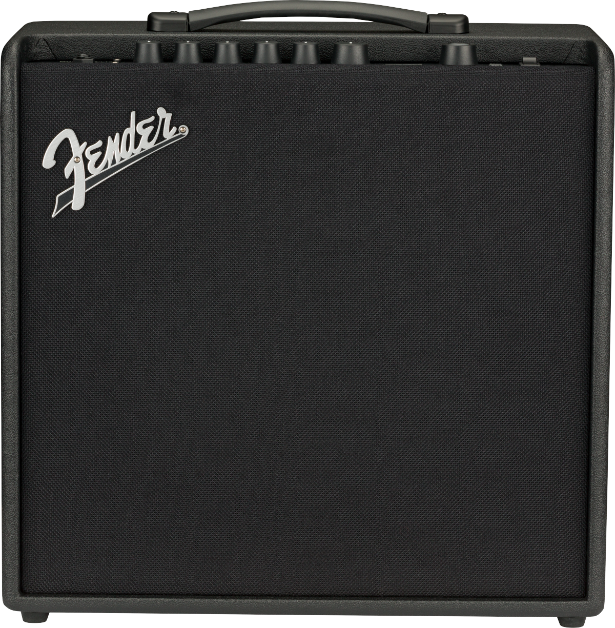 Fender Mustang LT50 50W modeling guitar amplifier with a 12-inch speaker, featuring control knobs and digital display.