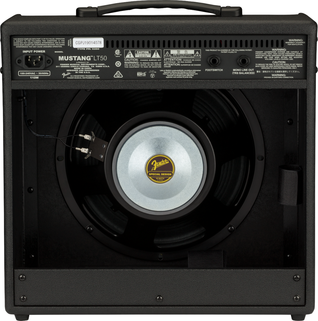 Fender Mustang LT50 1x12" 50W modeling guitar combo amplifier with control knobs and speaker grille.