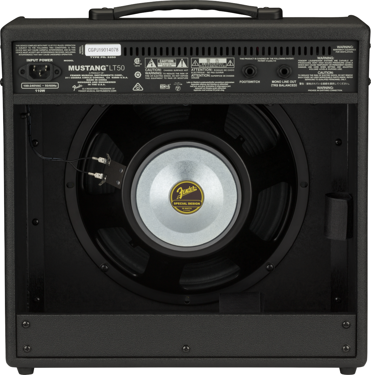 Fender Mustang LT50 1x12" 50W modeling guitar combo amplifier with control knobs and speaker grille.