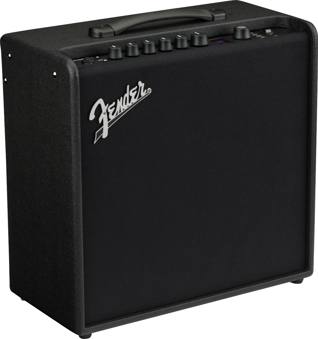 Fender Mustang LT50 1x12" 50W modeling guitar combo amplifier with control knobs and speaker grille.