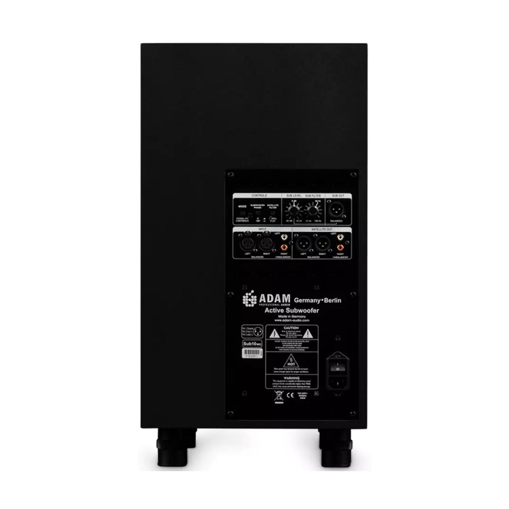 ADAM Audio ADAM Sub 10 MK2 10-inch active subwoofer used for studio monitors, featuring a sleek black finish and control panel.