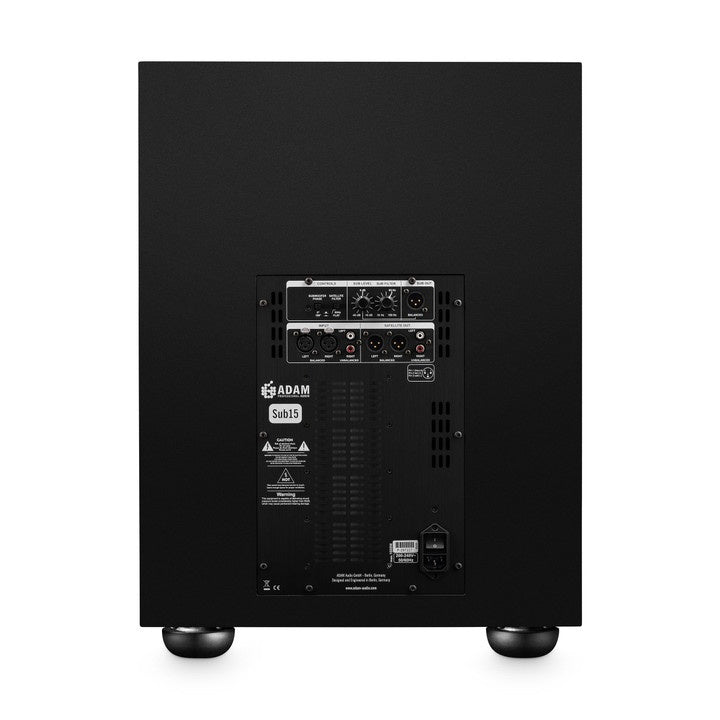 ADAM Audio Sub15 15-inch powered studio subwoofer with sleek black enclosure and control panel for professional audio monitoring.