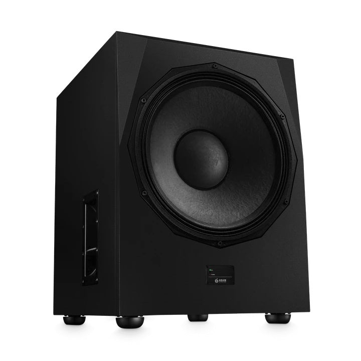 ADAM Audio Sub2100 21.5-inch powered studio subwoofer with sleek black finish for professional audio monitoring.