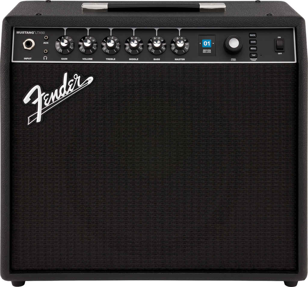 Fender Mustang LTX50 guitar amplifier in black, featuring control knobs and input jack, designed for electric guitar use.