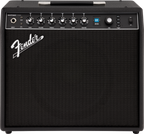 Fender Mustang LTX50 guitar amplifier in black, featuring control knobs and input jack, designed for electric guitar use.