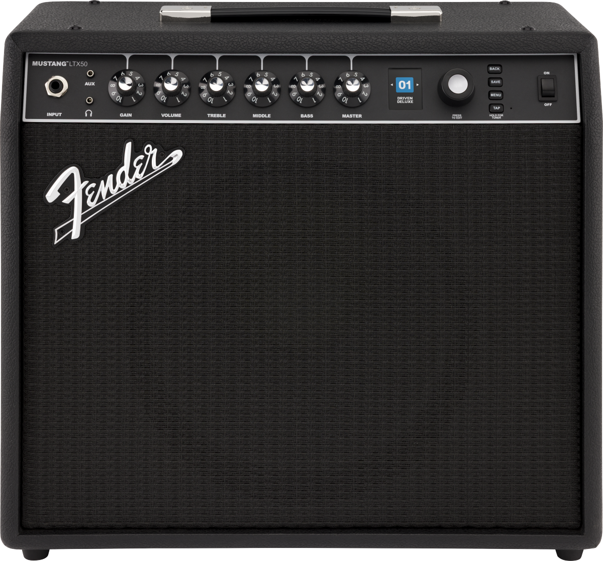Fender Mustang LTX50 guitar amplifier in black, featuring control knobs and input jack, designed for electric guitar use.