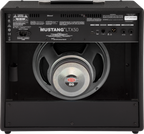 Fender Mustang LTX50 guitar amplifier with control panel and speaker grille, 240V AUS power plug, compact design.