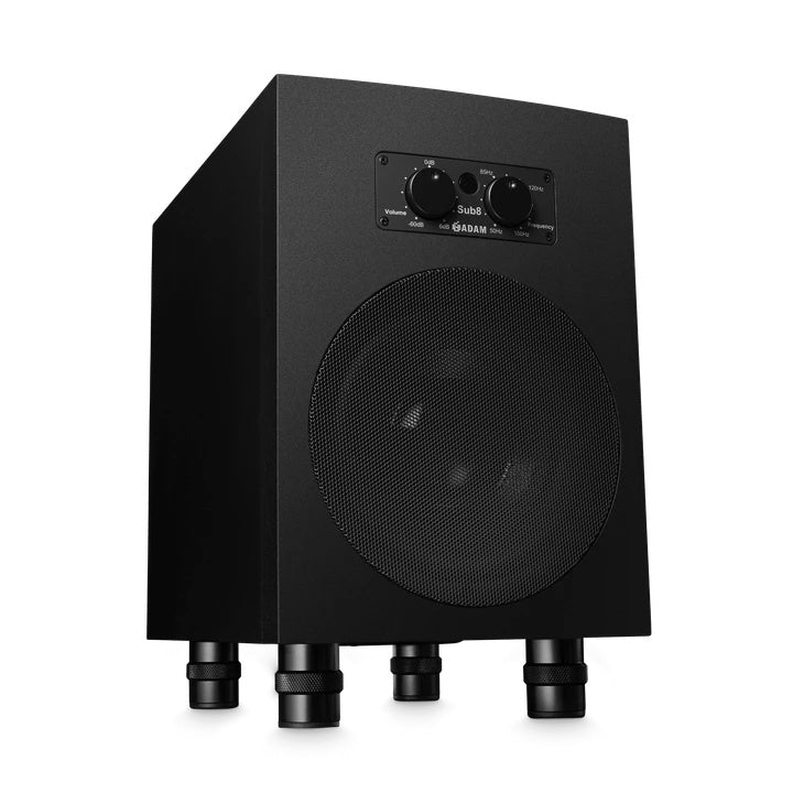 ADAM Audio Sub8 8.5-inch powered subwoofer for studio monitors, showing its compact design and control panel.