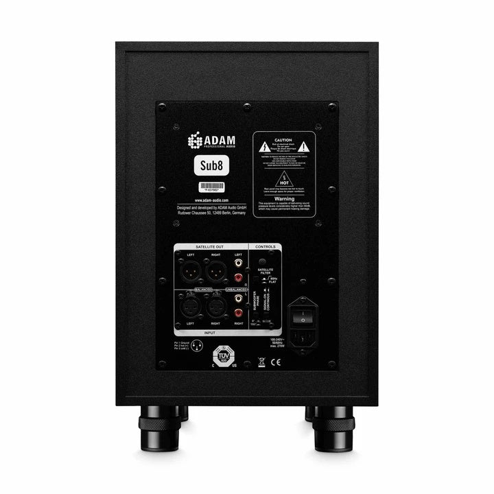 ADAM Audio Sub8 8.5-inch powered subwoofer for studio monitors with 160W output, black finish, and control panel on top.