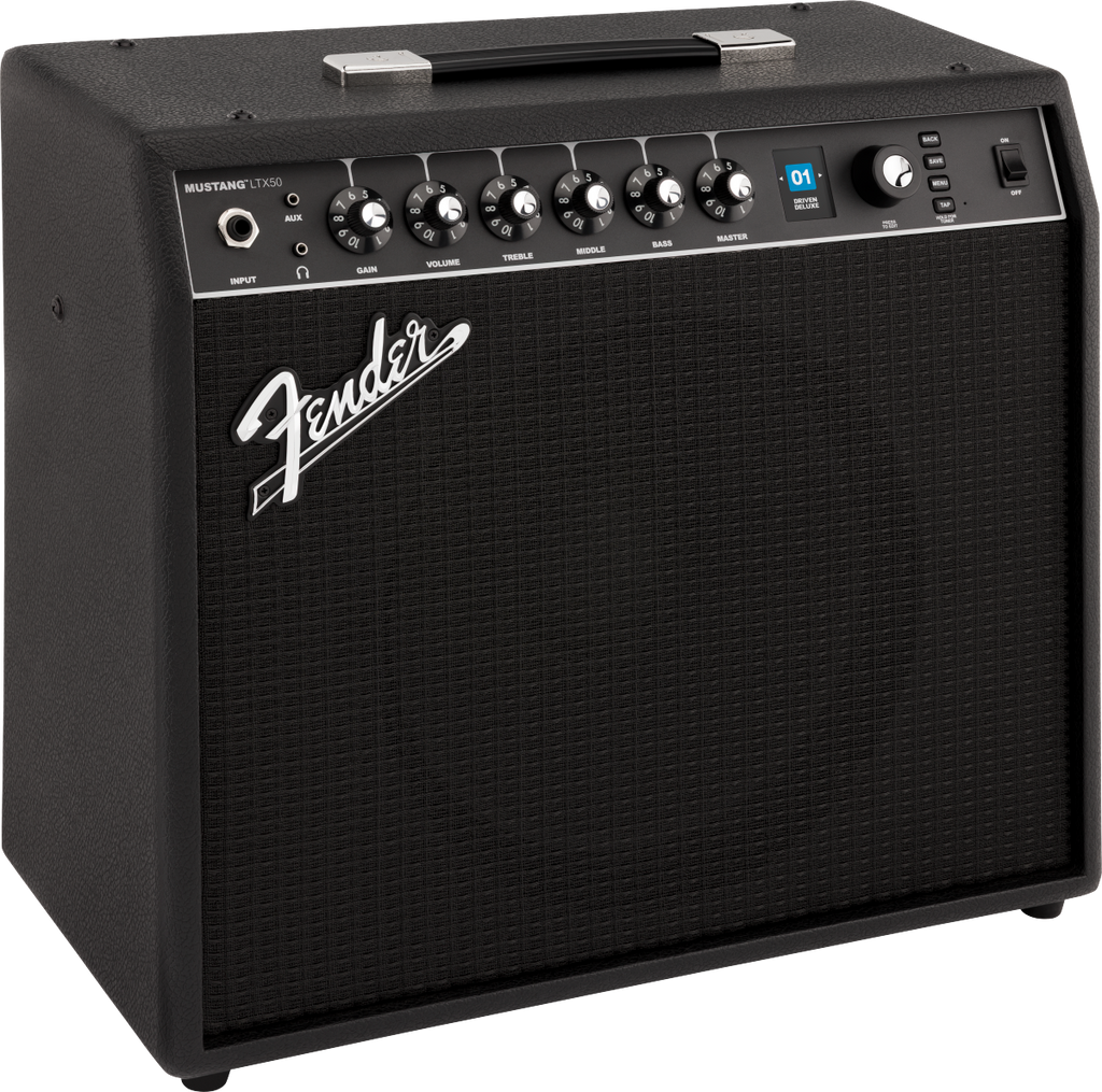Fender Mustang LTX50 guitar amplifier in black, featuring control knobs and input jack, designed for electric guitar playing.