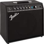 Fender Mustang LTX50 guitar amplifier in black, featuring control knobs and input jack, designed for electric guitar playing.