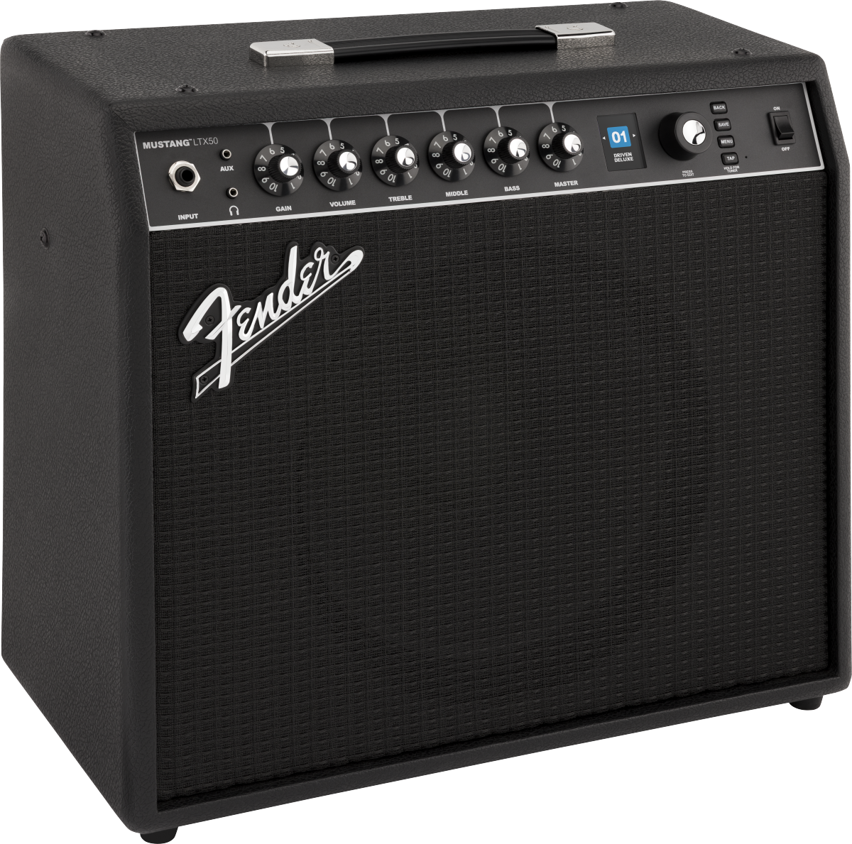 Fender Mustang LTX50 guitar amplifier in black, featuring control knobs and input jack, designed for electric guitar playing.