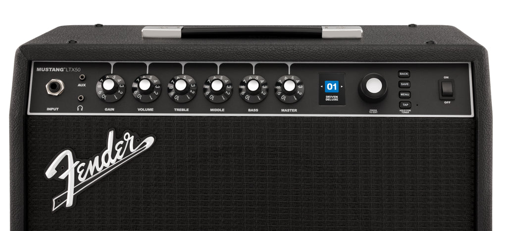 Fender Mustang LTX50 guitar amplifier with control knobs and speaker grille, 240V AUS model for electric guitar sound.