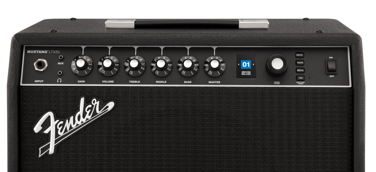 Fender Mustang LTX50 guitar amplifier with control knobs and speaker grille, 240V AUS model for electric guitar sound.