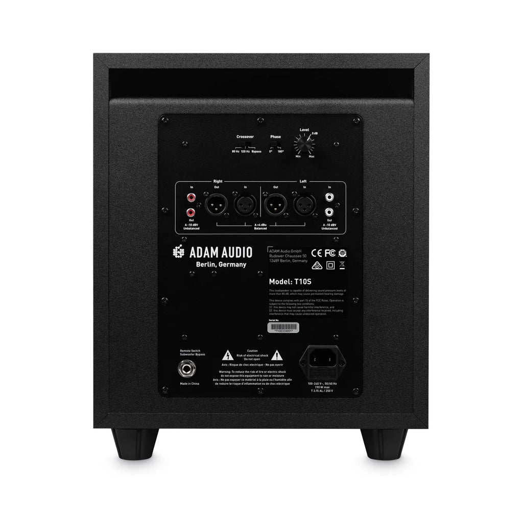 ADAM Audio T10S 130W 10-inch powered studio subwoofer for professional audio monitoring and studio sound enhancement.