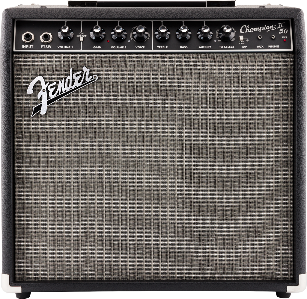 Fender Champion II 50 1x12" guitar combo amplifier with control knobs and speaker grille, ideal for electric guitar practice.