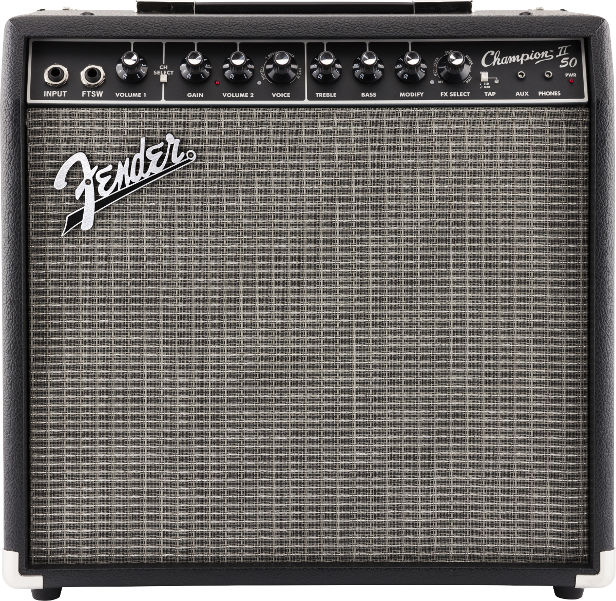 Fender Champion II 50 1x12" guitar combo amplifier with control knobs and speaker grille, ideal for electric guitar practice.