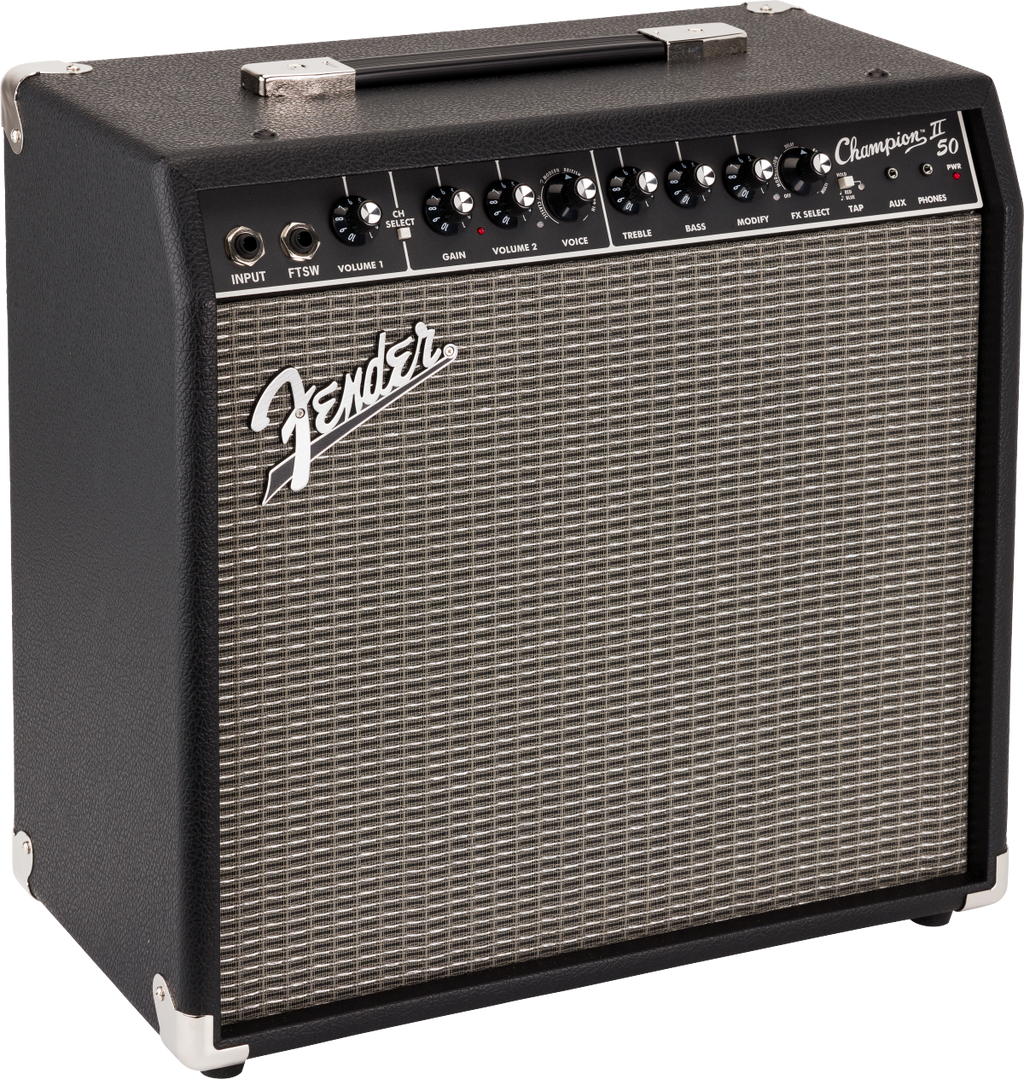 Fender Champion II 50 1x12" guitar combo amplifier with control knobs and speaker grille, showcasing its black finish and compact design.