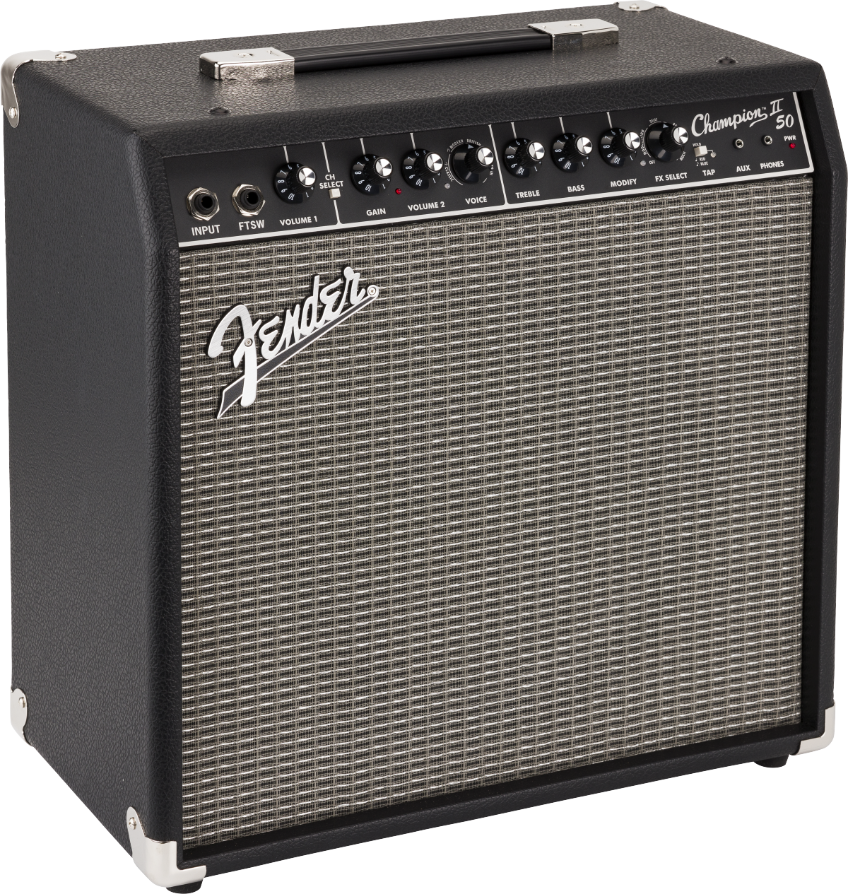 Fender Champion II 50 1x12" guitar combo amplifier with control knobs and speaker grille, showcasing its black finish and compact design.