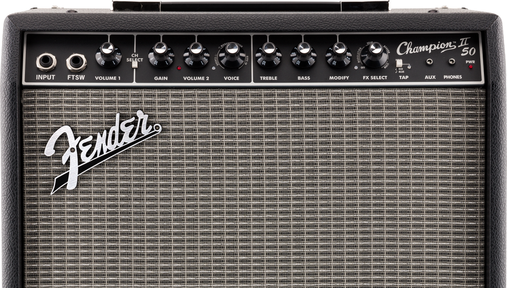Fender Champion II 50 1x12" guitar combo amplifier with control knobs and speaker grille, ideal for electric guitar sound.
