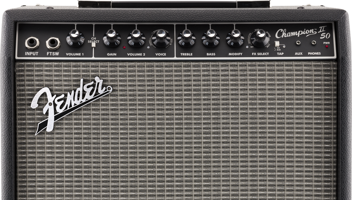 Fender Champion II 50 1x12" guitar combo amplifier with control knobs and speaker grille, ideal for electric guitar sound.