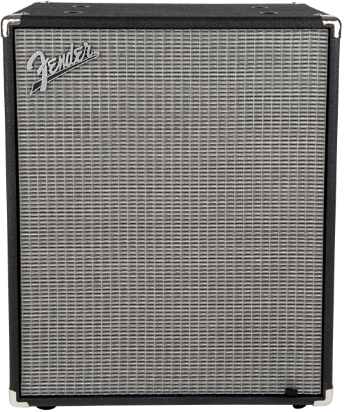 Fender Rumble 210 bass amplifier cabinet with dual speakers and black finish, designed for electric bass guitar amplification.