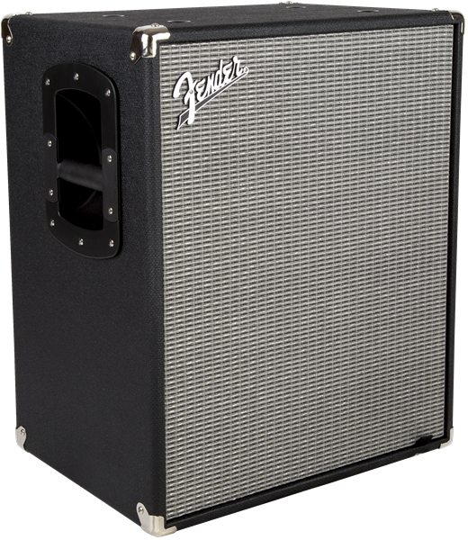 Fender Rumble 210 bass amplifier cabinet with two 10-inch speakers and black finish, designed for electric bass guitar.