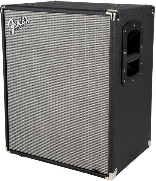 Fender Rumble 210 bass amplifier cabinet with two 10-inch speakers, black with control panel on top, designed for bass guitar amplification.