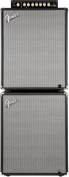 Fender Rumble 210 bass amplifier cab with dual speaker setup, black textured exterior, and control panel on top.