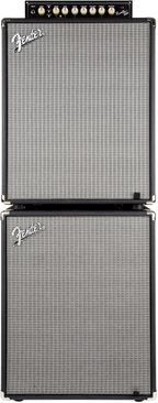 Fender Rumble 210 bass amplifier cab with dual speaker setup, black textured exterior, and control panel on top.