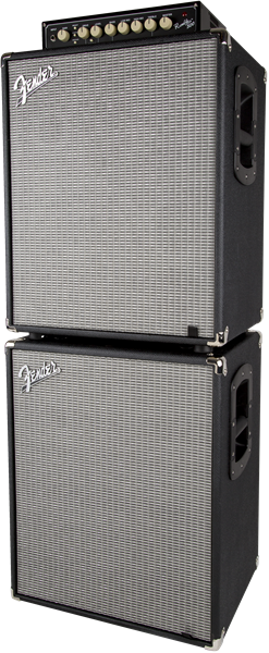Fender Rumble 210 bass amplifier cabinet with two speaker cones and control panel, designed for bass guitar amplification.