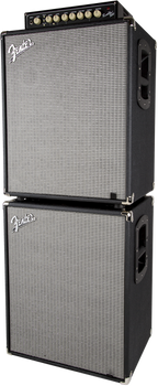 Fender Rumble 210 bass amplifier cabinet with two speaker cones and control panel, designed for bass guitar amplification.