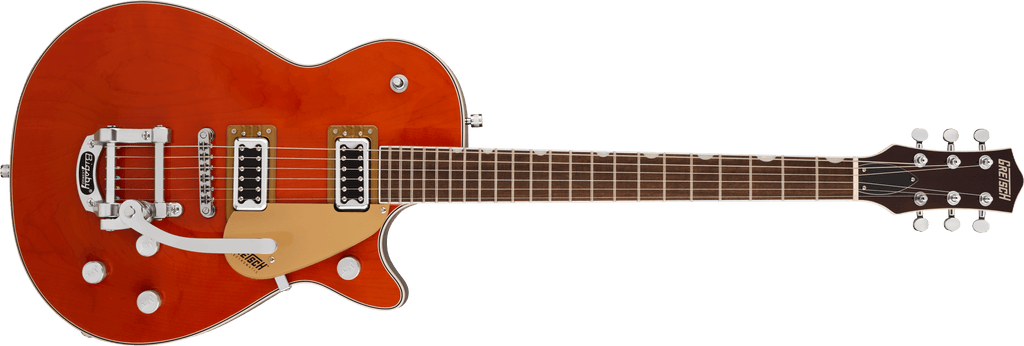 Gretsch G5230T E.Matic Jet FT electric guitar with orange stain finish, Bigsby tremolo, S-Cut body, and classic design.