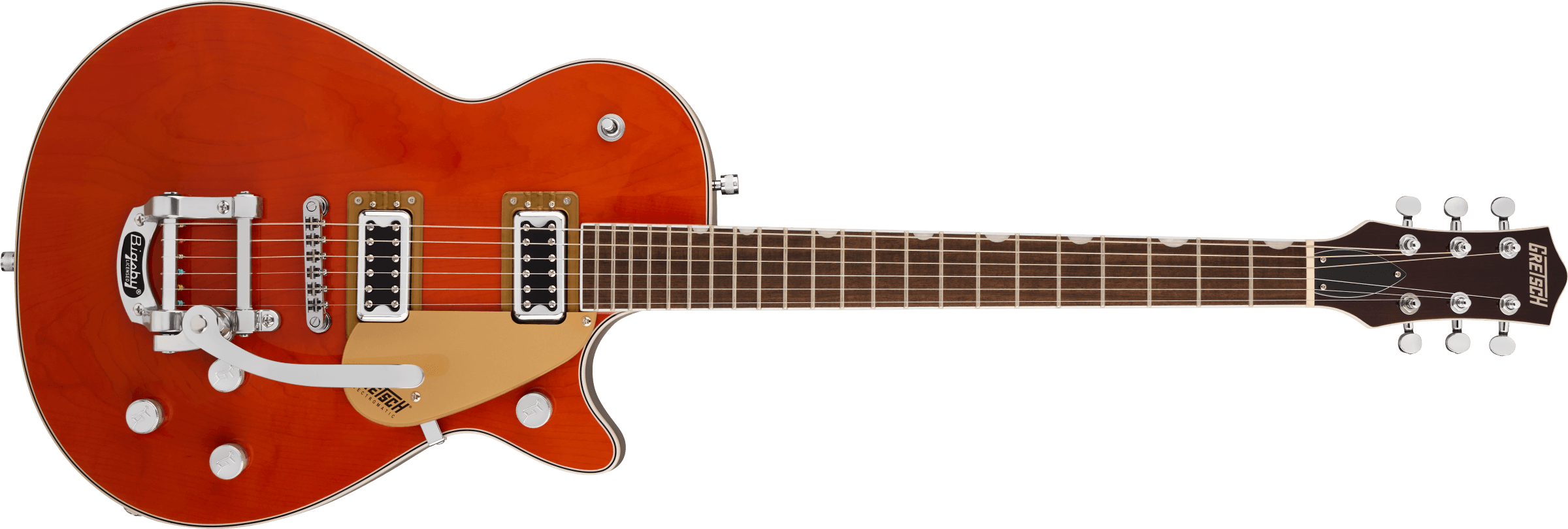 Gretsch G5230T E.Matic Jet FT electric guitar with orange stain finish, Bigsby tremolo, S-Cut body, and classic design.