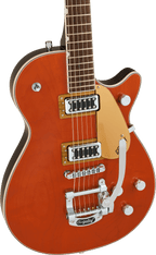 Gretsch G5230T E.Matic Jet FT electric guitar with orange stain finish, S-Cut body, Bigsby vibrato, and traditional hardware.