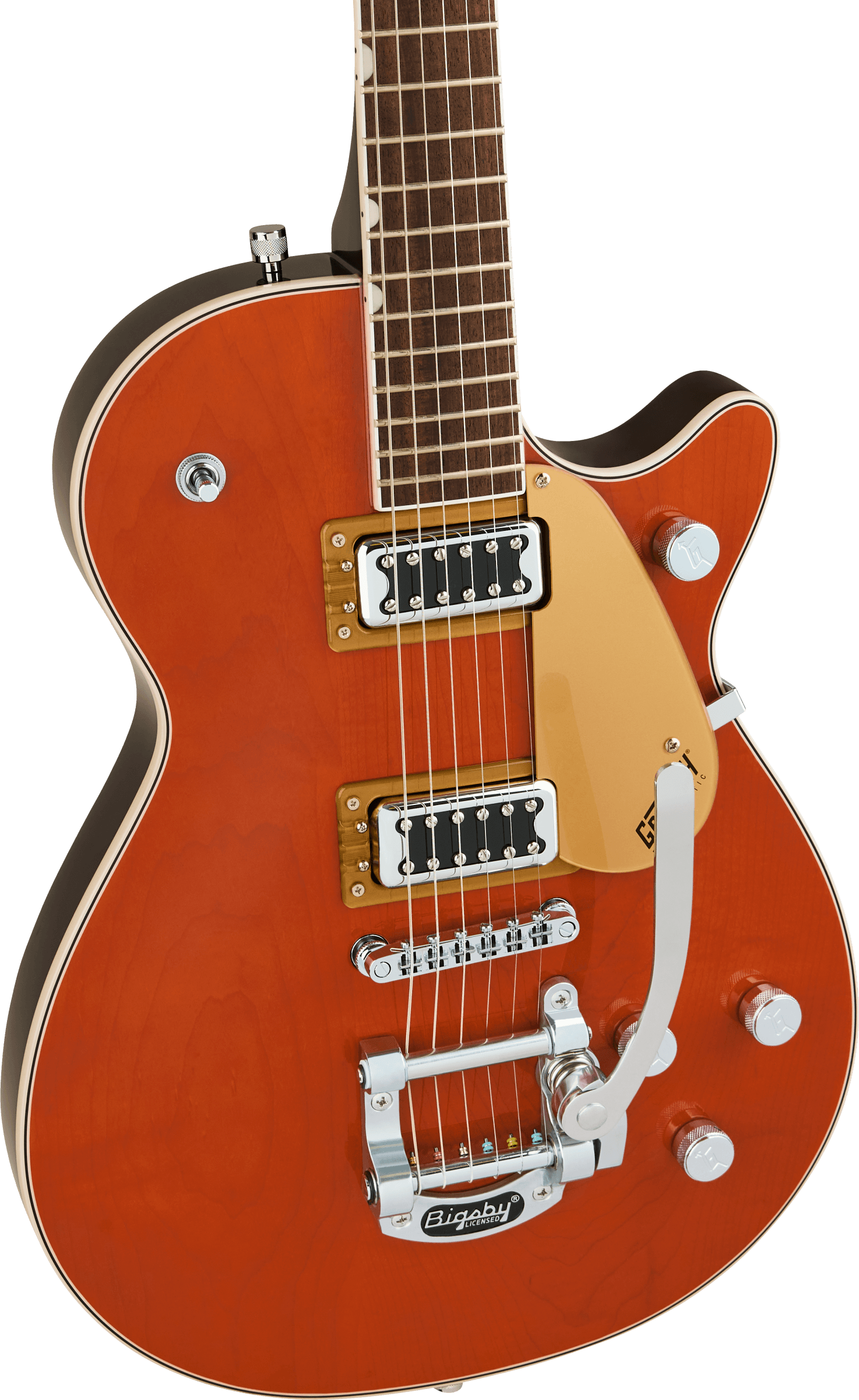 Gretsch G5230T E.Matic Jet FT electric guitar with orange stain finish, S-Cut body, Bigsby vibrato, and traditional hardware.
