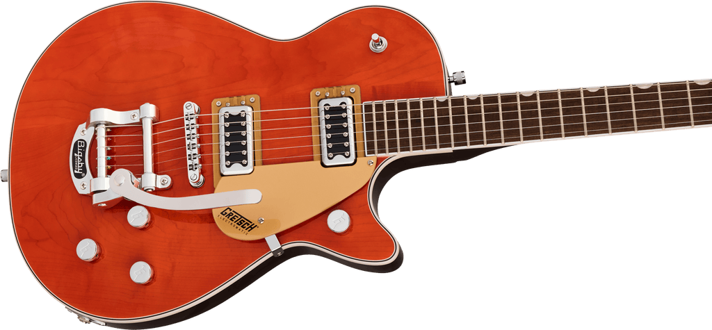 Gretsch G5230T E.Matic Jet FT electric guitar with orange stain finish, Bigsby tremolo, and S-Cut body design.