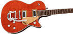 Gretsch G5230T E.Matic Jet FT electric guitar with orange stain finish, Bigsby tremolo, and S-Cut body design.