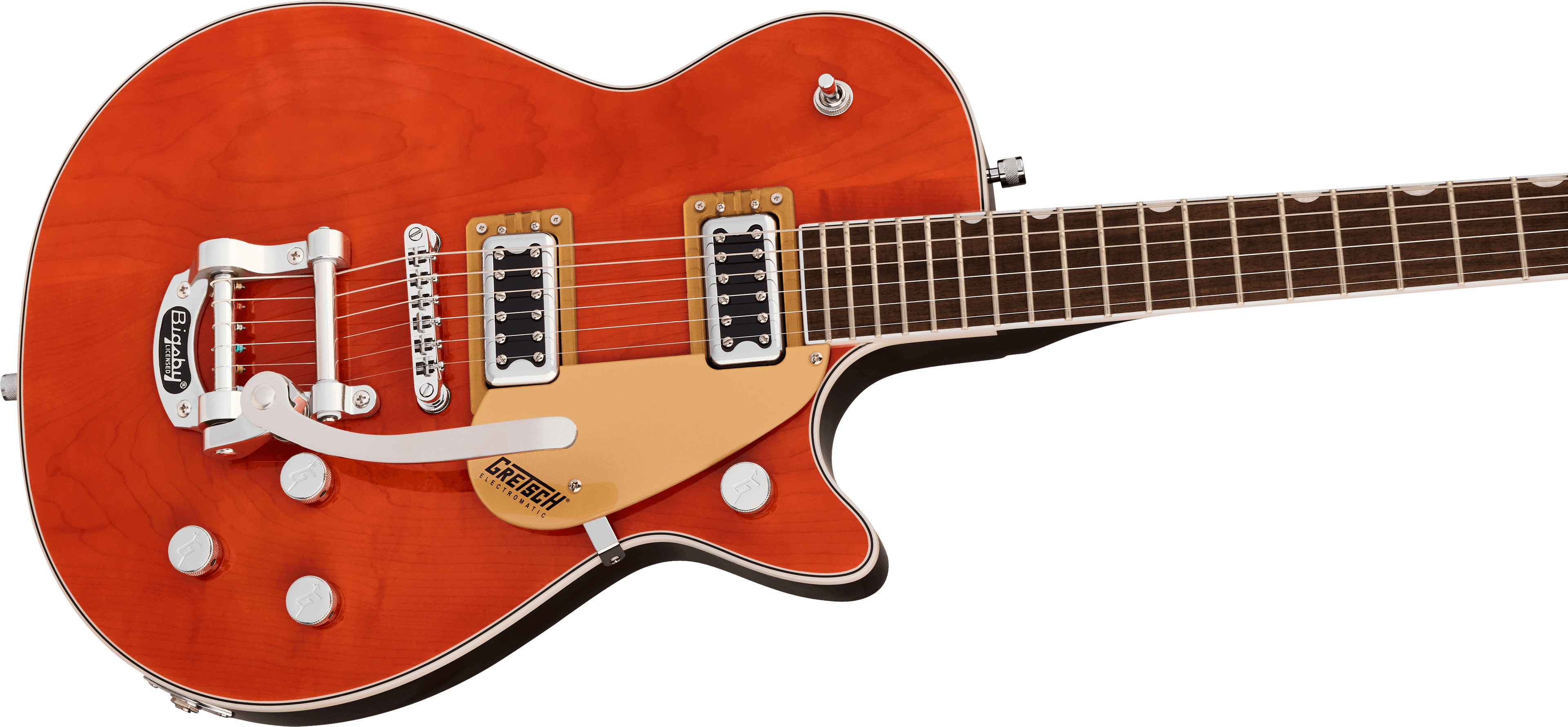 Gretsch G5230T E.Matic Jet FT electric guitar with orange stain finish, Bigsby tremolo, and S-Cut body design.