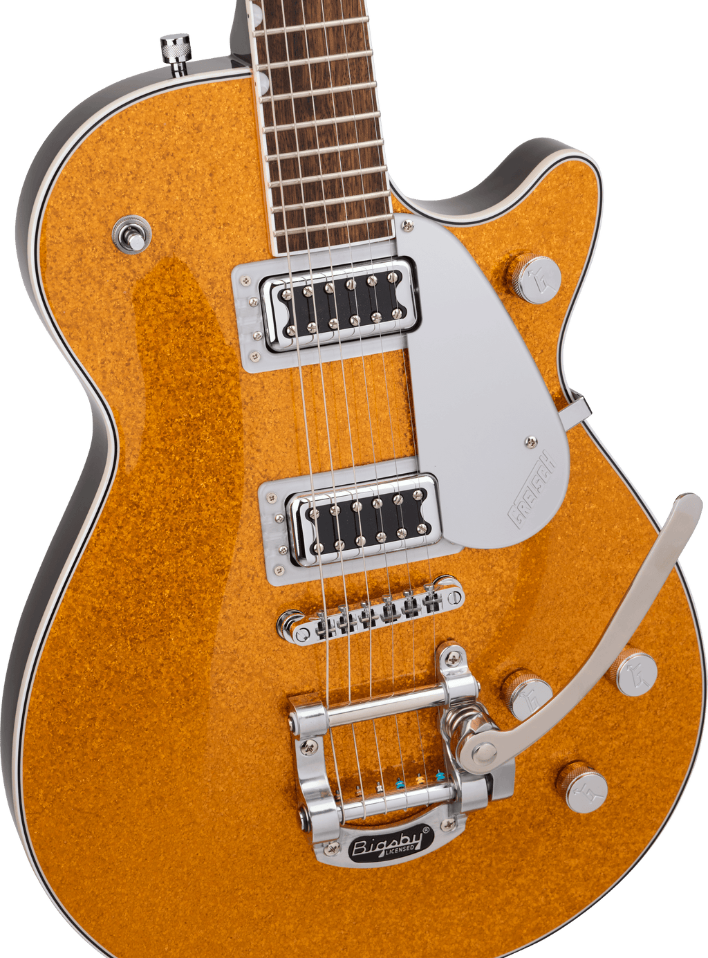 Gretsch G5230T Electromatic Sparkle Jet FT SC electric guitar with gold sparkle finish and Bigsby tremolo system.