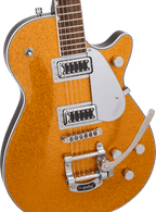 Gretsch G5230T Electromatic Sparkle Jet FT SC electric guitar with gold sparkle finish and Bigsby tremolo system.