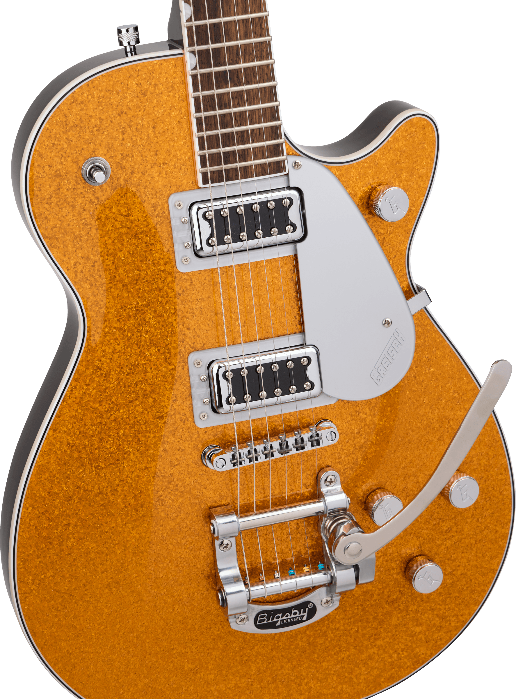 Gretsch G5230T Electromatic Sparkle Jet FT SC electric guitar with gold sparkle finish and Bigsby tremolo system.