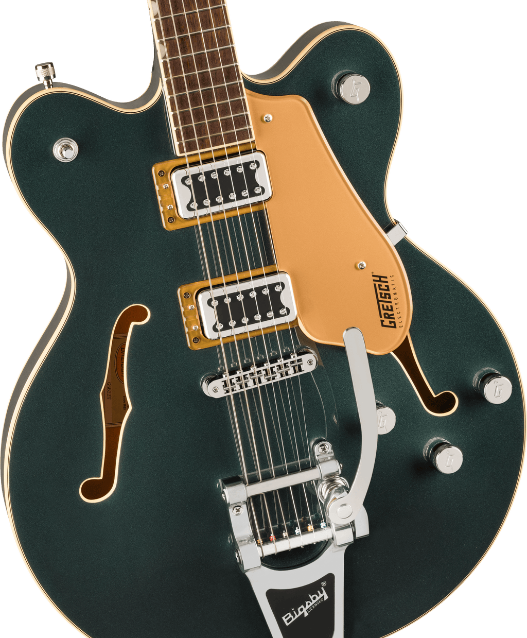 Gretsch G5622T Electromatic Cadillac Green electric guitar with double cutaway body and Bigsby tremolo system.