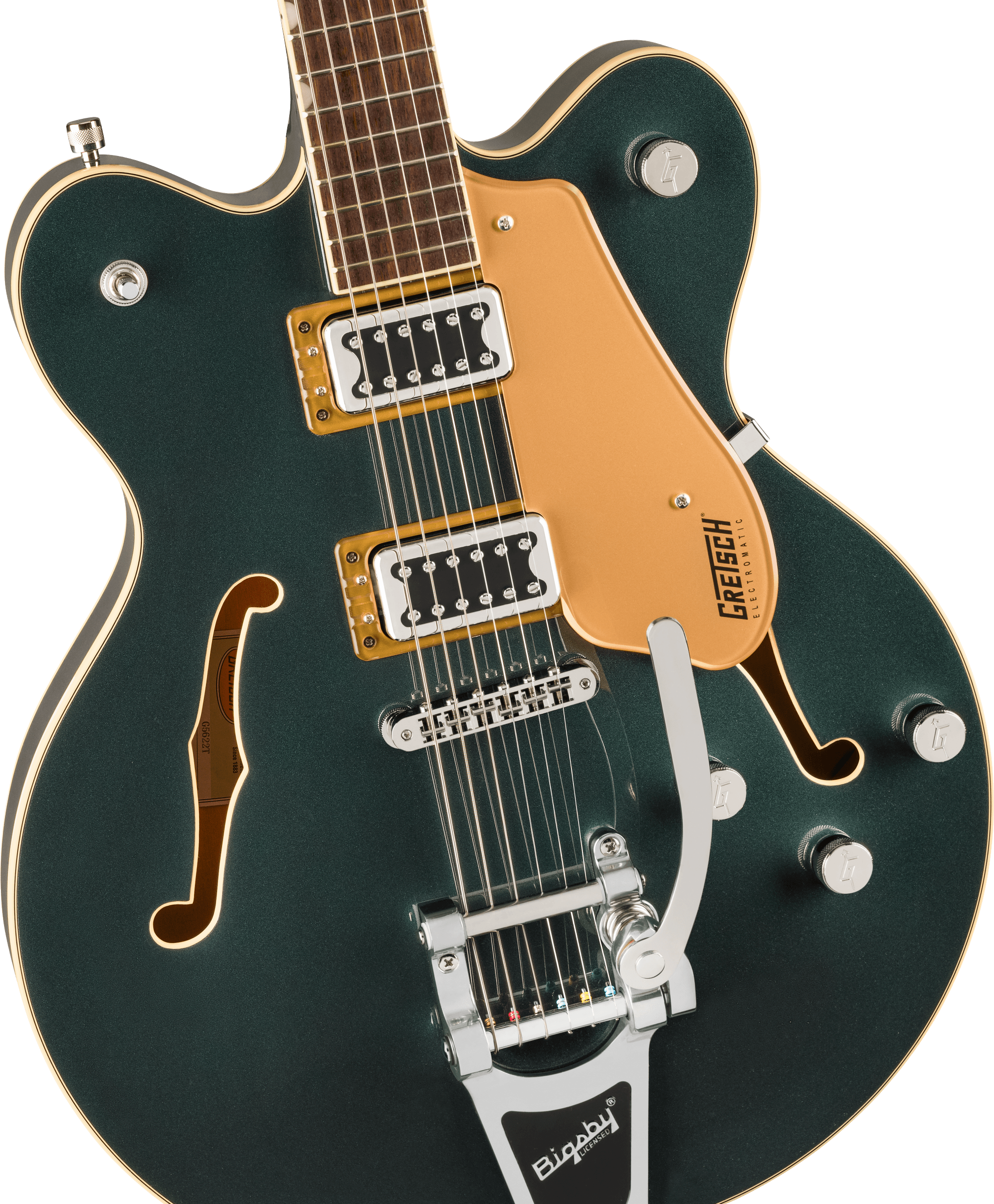 Gretsch G5622T Electromatic Cadillac Green electric guitar with double cutaway body and Bigsby tremolo system.
