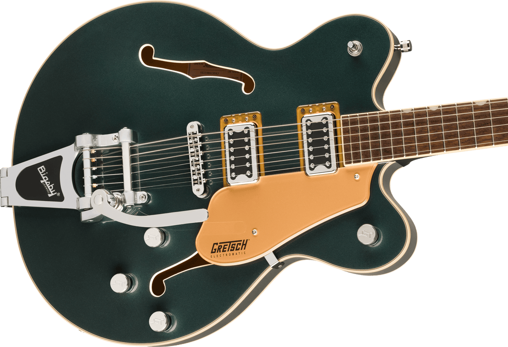 Gretsch G5622T Electromatic electric guitar in Cadillac Green with Bigsby tremolo and double-cut body design.