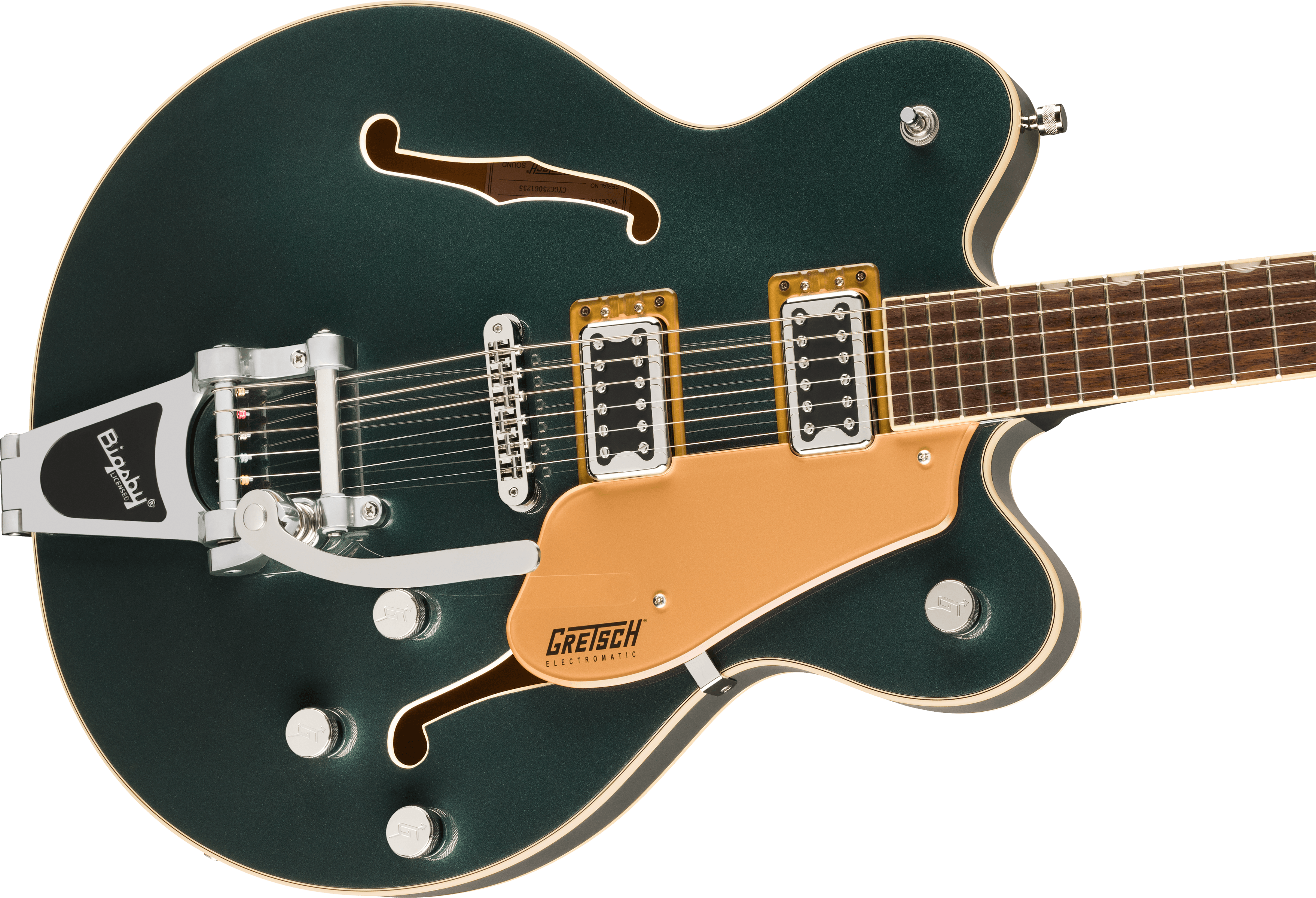 Gretsch G5622T Electromatic electric guitar in Cadillac Green with Bigsby tremolo and double-cut body design.