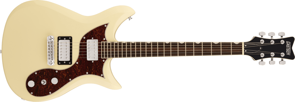 Gretsch Electromatic CVT Double-Cut electric guitar with vintage white finish, wraparound Laurel fingerboard, and distinctive body shape.