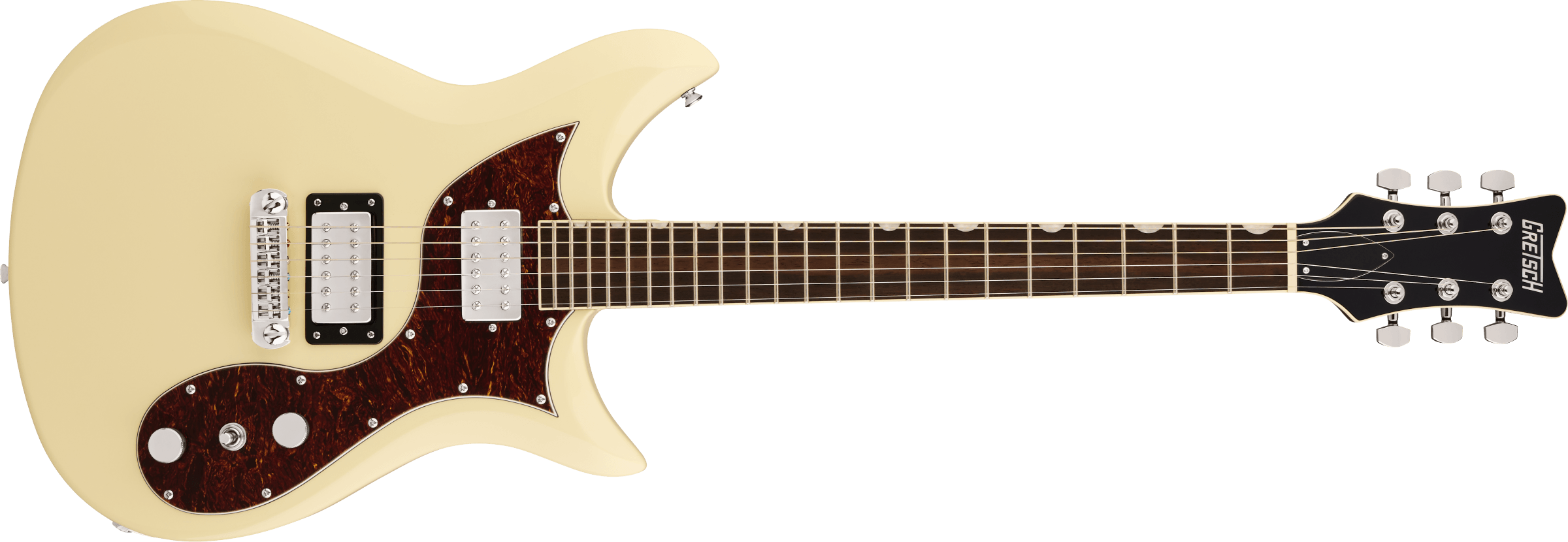 Gretsch Electromatic CVT Double-Cut electric guitar with vintage white finish, wraparound Laurel fingerboard, and distinctive body shape.